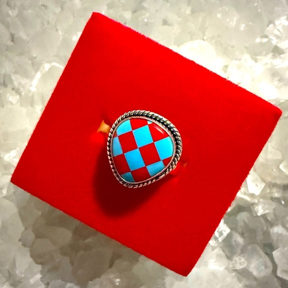 NWOT Handmade Sterling Silver Turquoise & Red Checkered Ring - Picture 1 of 4